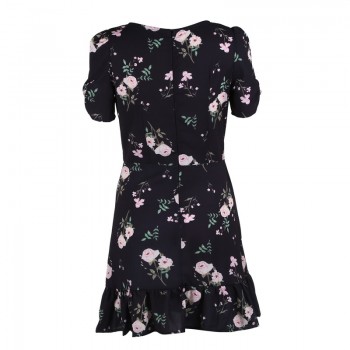 Mini Boho Floral Dress Summer Beach Short Sleeve V neck Black